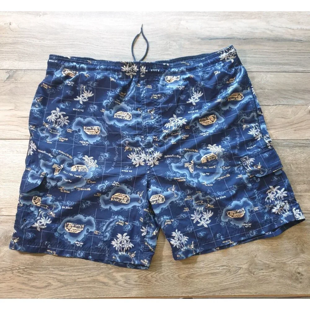 Sand N Sun Men Blue Hawaiian Map Print Swim Trunk L Mesh Liner Pockets Beach 40